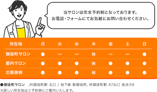 当サロンは完全予約制となっております。お電話・フォームにてお問い合わせください。